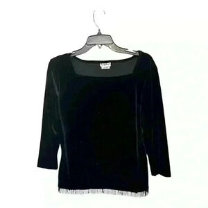 Vintage Clio Black Velvet Beaded Fringe Top, M